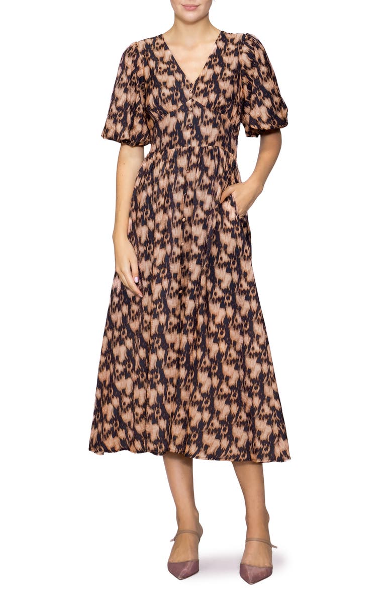 MELLODAY Bubble Sleeve Fit & Flare Midi Dress, Main, color, Abstract Animal