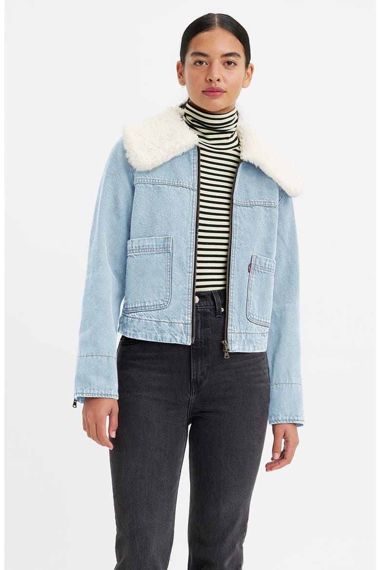 Retro Faux Fur Trim Zip-Up Denim Trucker Jacket, Alternate, color, Z2328 LIGHT INDIGO WORN IN