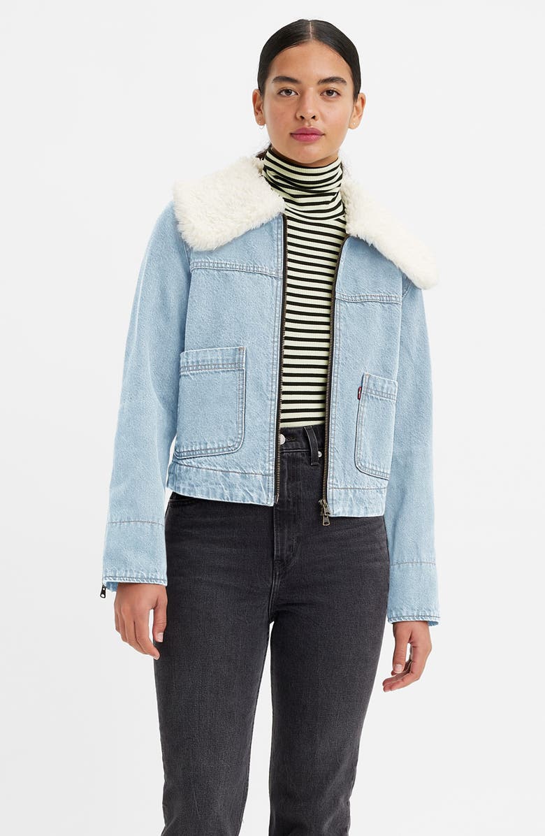 Levi's<sup>®</sup> Retro Faux Fur Trim Zip-Up Denim Trucker Jacket, Alternate, color, 