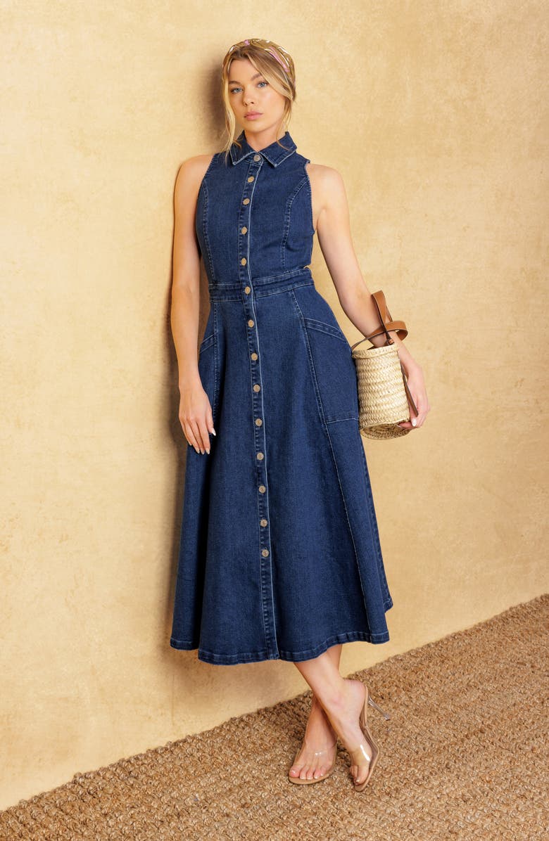 FLYING TOMATO Sleeveless Denim Maxi Shirtdress, Alternate, color, Medium Indigo