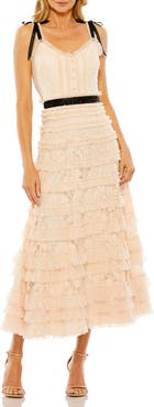 Mac Duggal Thin Beaded Bow Strap Multi Ruffle Lace Dress