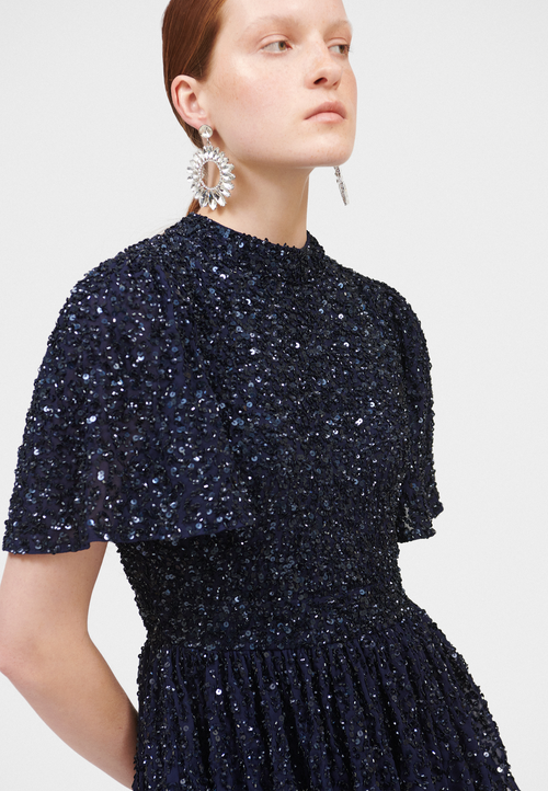 Beauut Embellished Sequin Beaded Midi Dress In Mid Night Blue