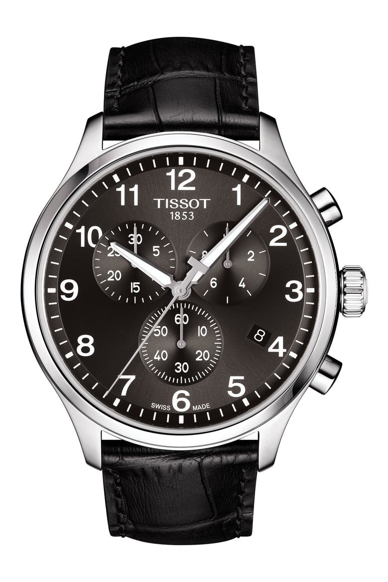 Chrono XL Collection Chronograph Leather Strap Watch, 45mm, Main, color, BLACK/ SILVER