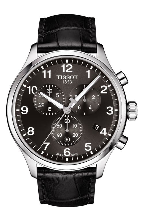 Tissot Chrono XL Collection Chronograph Leather Strap Watch, 45mm in Black/Silver at Nordstrom