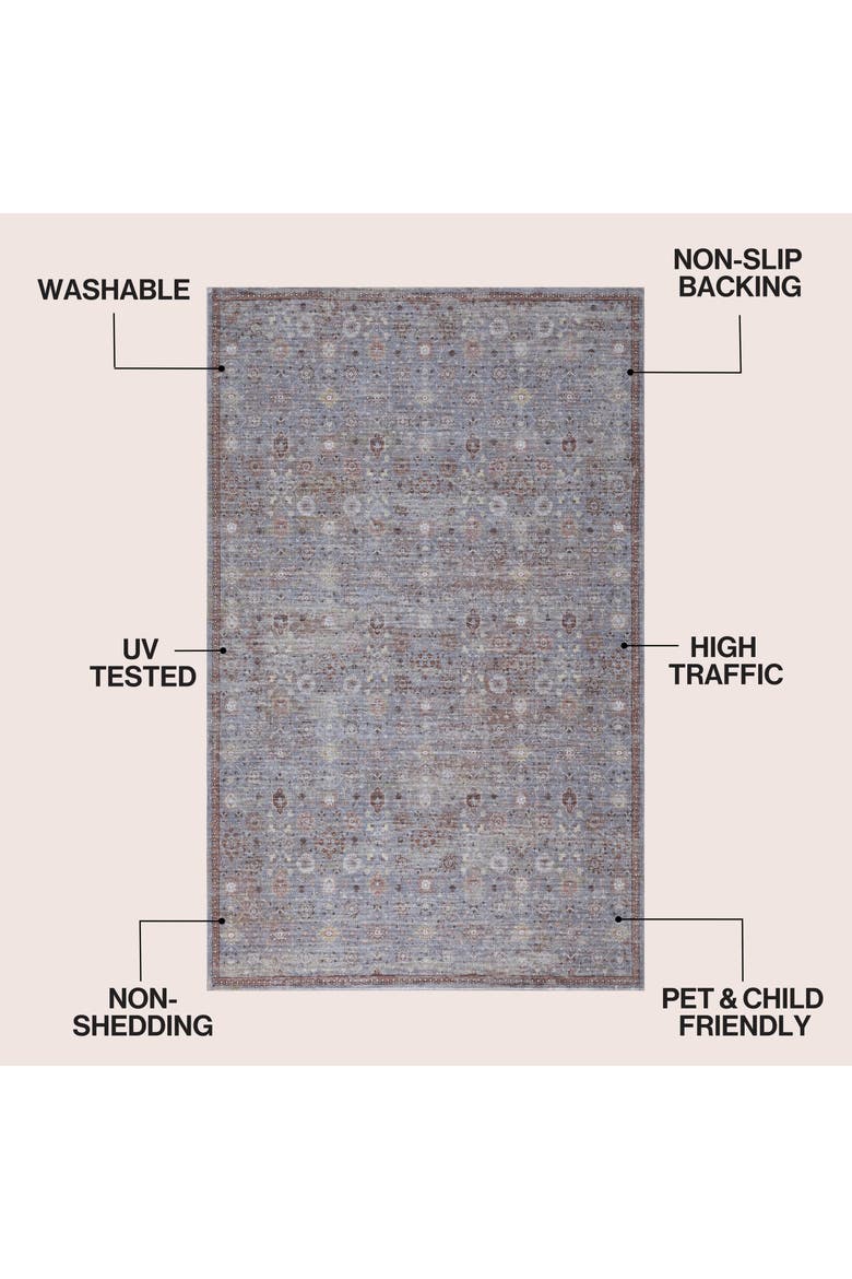 Petunia Distressed All-Over Floral Border Non-Slip Machine-Washable Rug, Alternate, color, Rose Clay/Gray