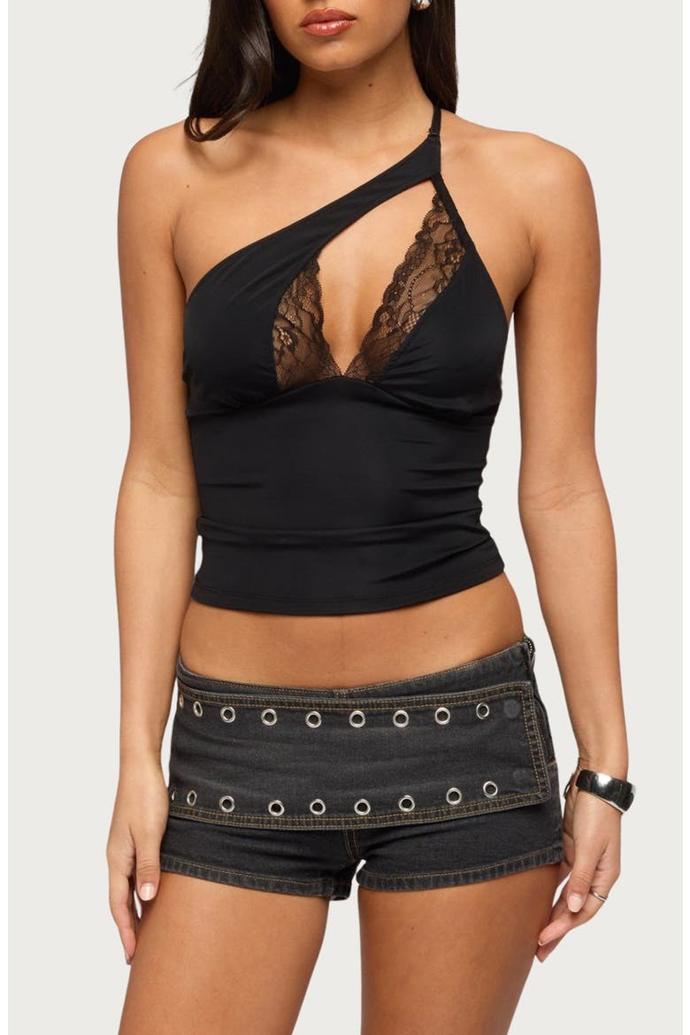 One Shoulder Peekaboo Lacey Cutout Top, Main, color, BLACK