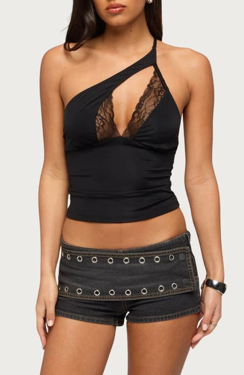 One Shoulder Peekaboo Lacey Cutout Top