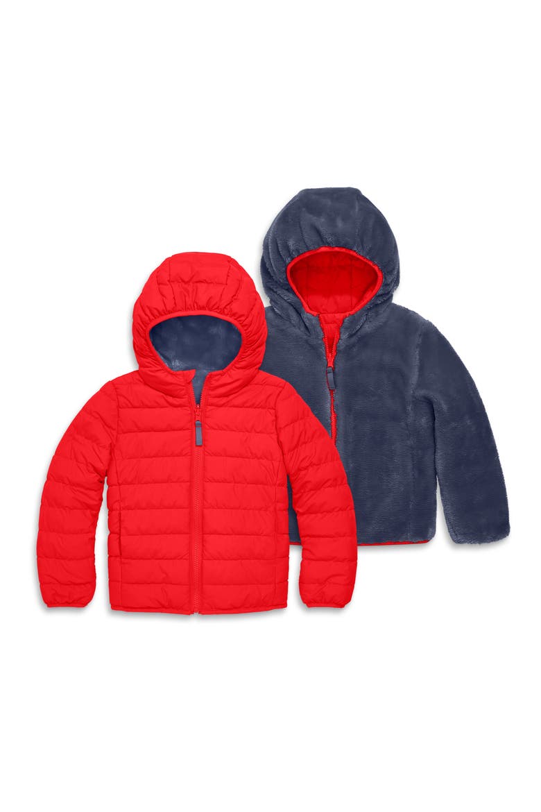 Kids' Reversible Fleece Puffer Jacket, Main, color, TOMATO/ SW NAVY