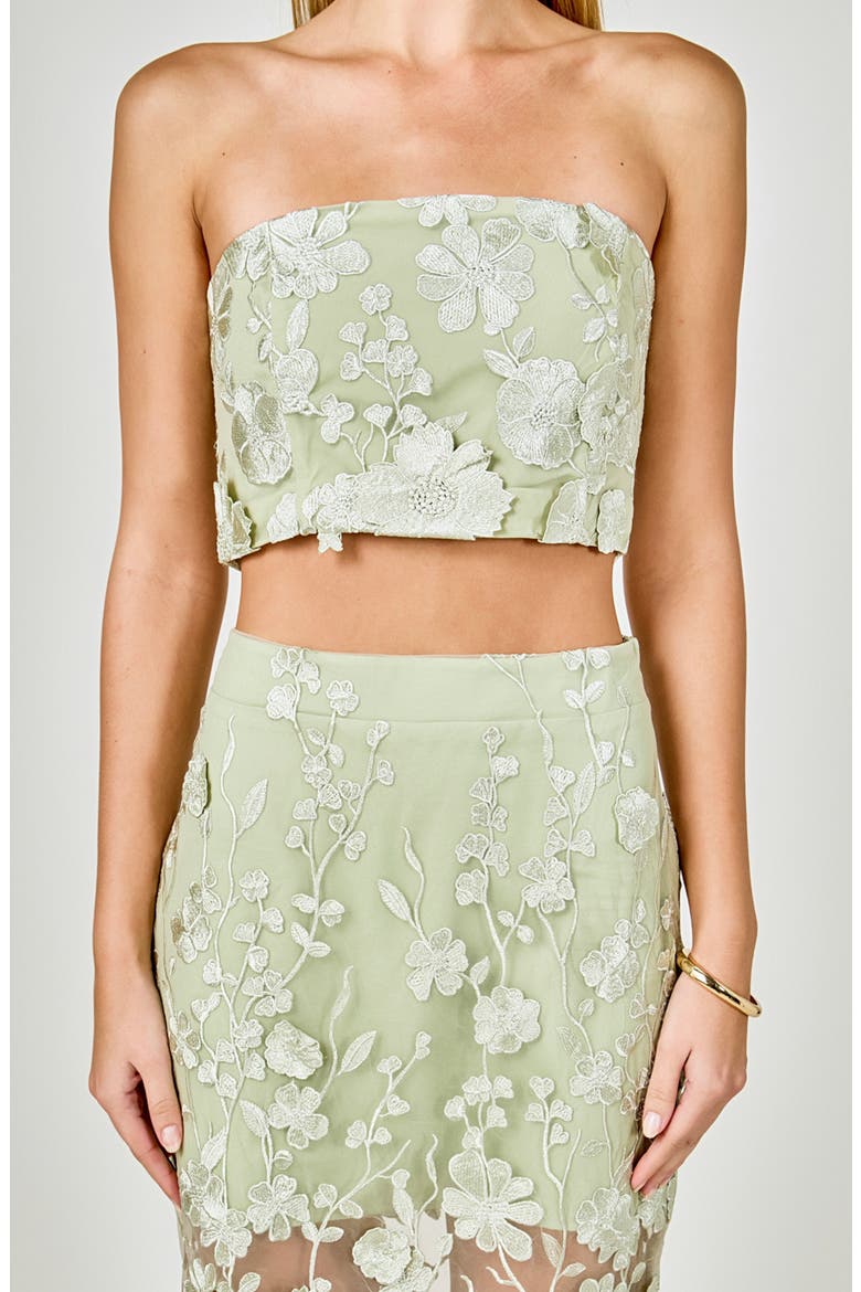 Floral Embroidered Strapless Crop Top, Alternate, color, SAGE