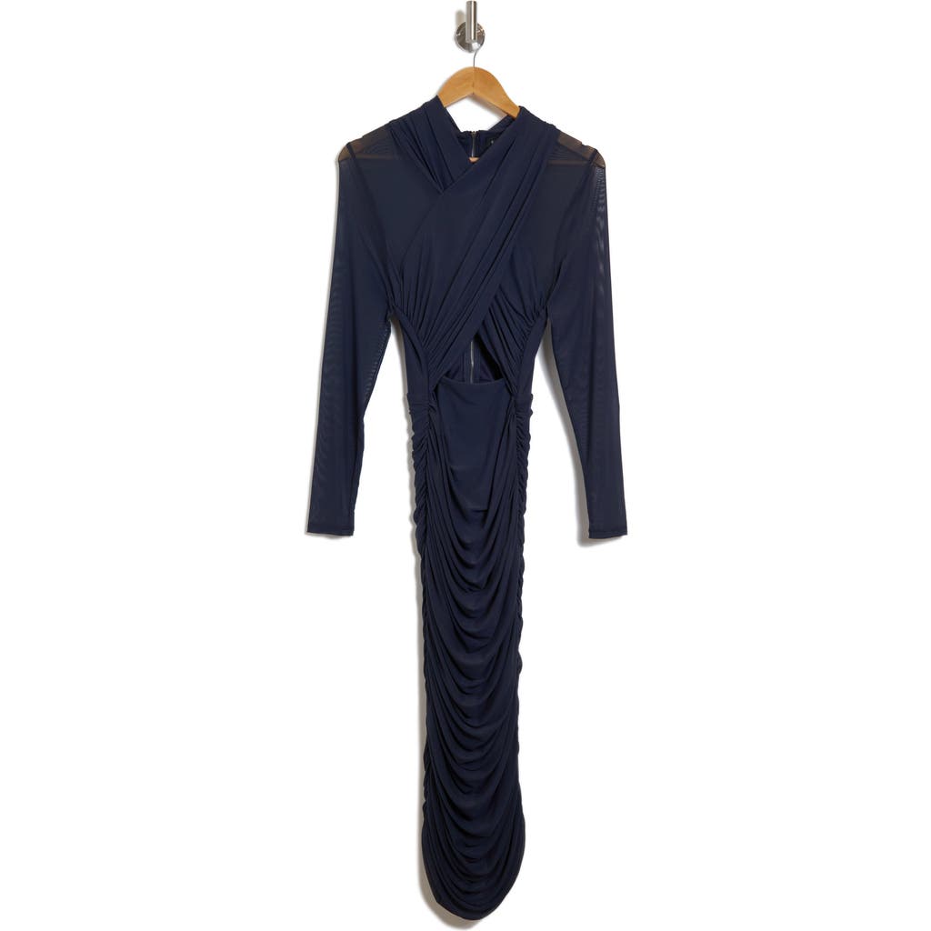 Bardot Aliyah Long Sleeve Sheath Midi Dress In Navy