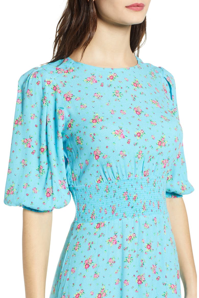 Print Smocked Waist Midi Dress, Alternate, color, BLUE ROSETTE