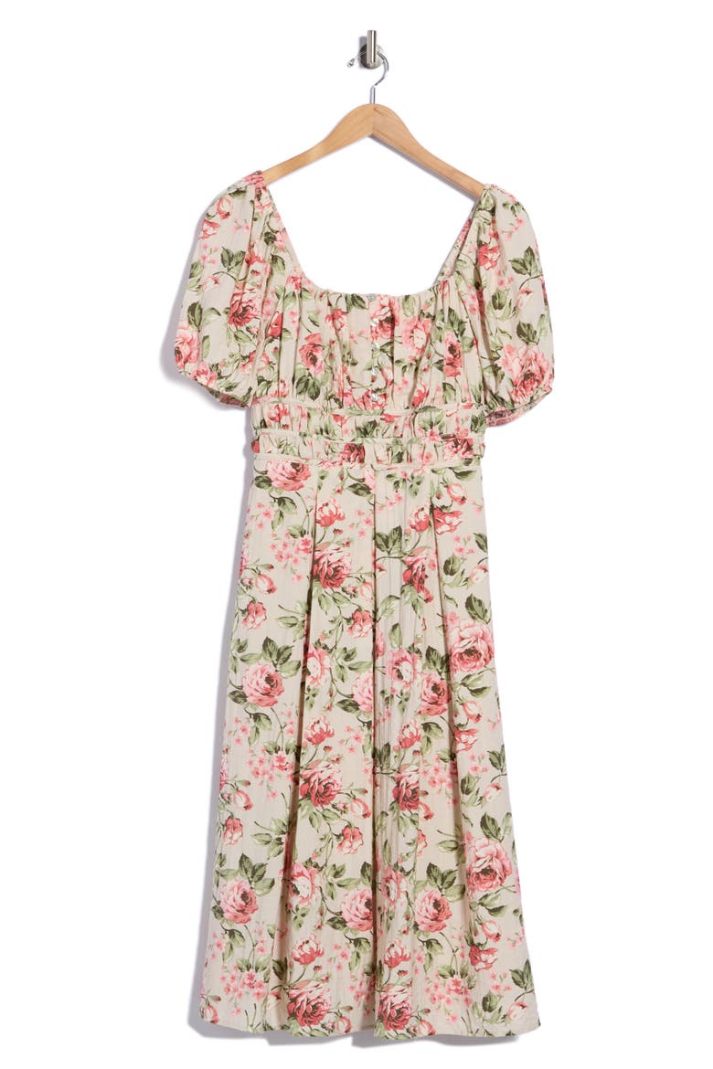 Floral Short Sleeve Midi Dress, Alternate, color, TAUPE/ CORAL/ SAGE