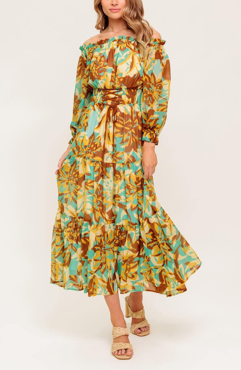 FLYING TOMATO Long Sleeve Tiered Midi Dress, Alternate, color, Brown Mint