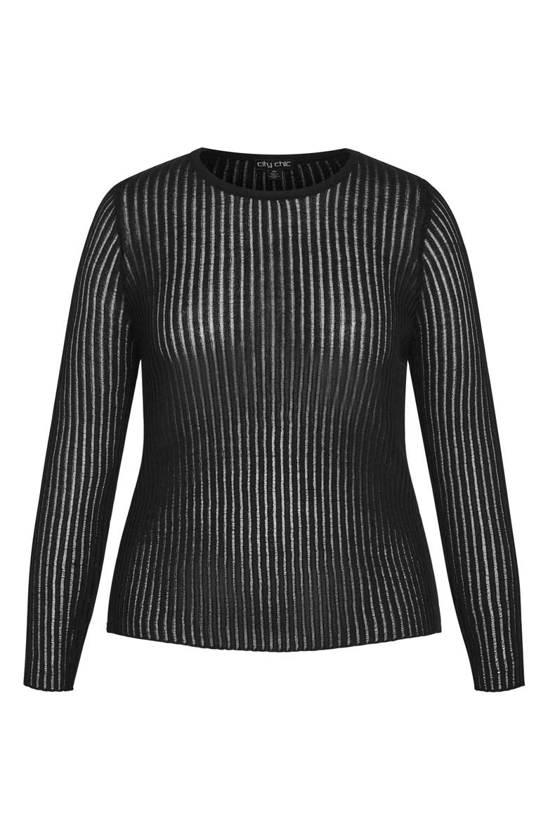 City Chic Eleni Sheer Stripe Long Sleeve Top, Alternate, color, Black
