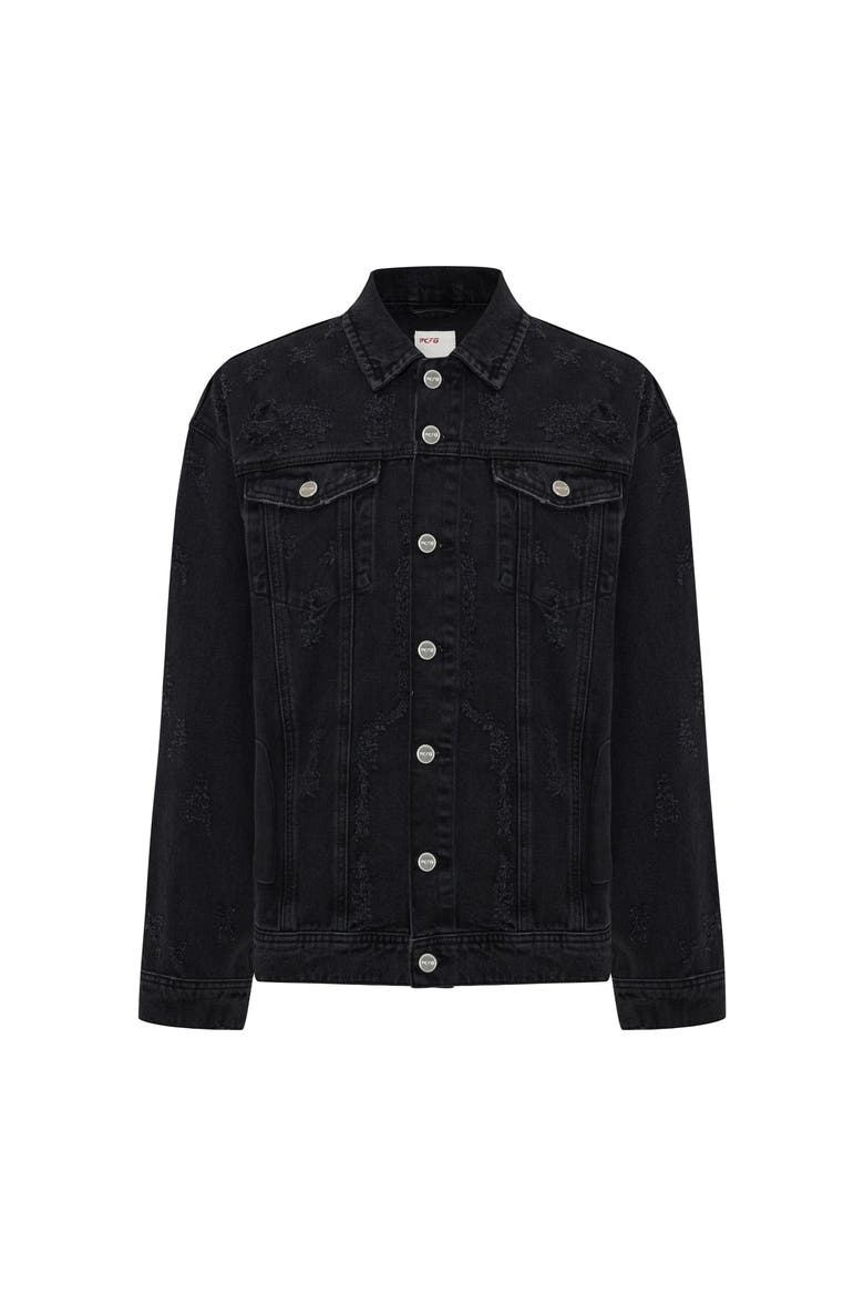 Cotton Distressed Denim Jacket, Alternate, color, BLACK