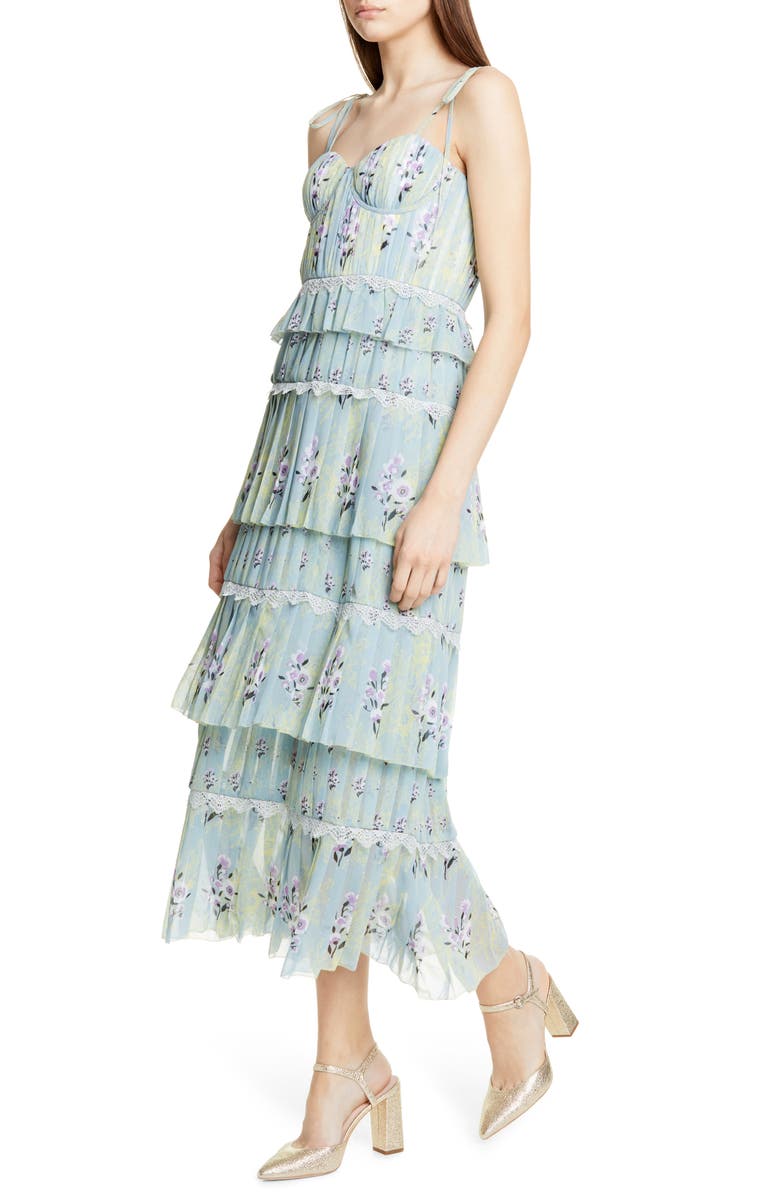 Self-Portrait Floral Pleated Tiered Chiffon Midi Dress, Alternate, color,