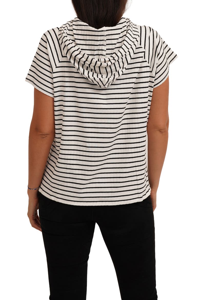 Stripe Rib Short Sleeve Hoodie, Alternate, color, BONE/ BLACK