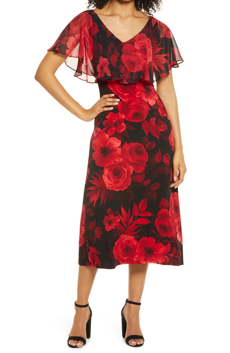 Connected Apparel Mixi Floral Print Cape Sleeve Dress, Main, color, 