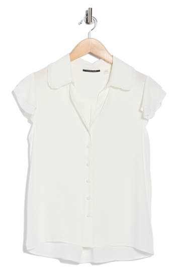 T Tahari Tiered Flutter Sleeve Button-up Shirt In White