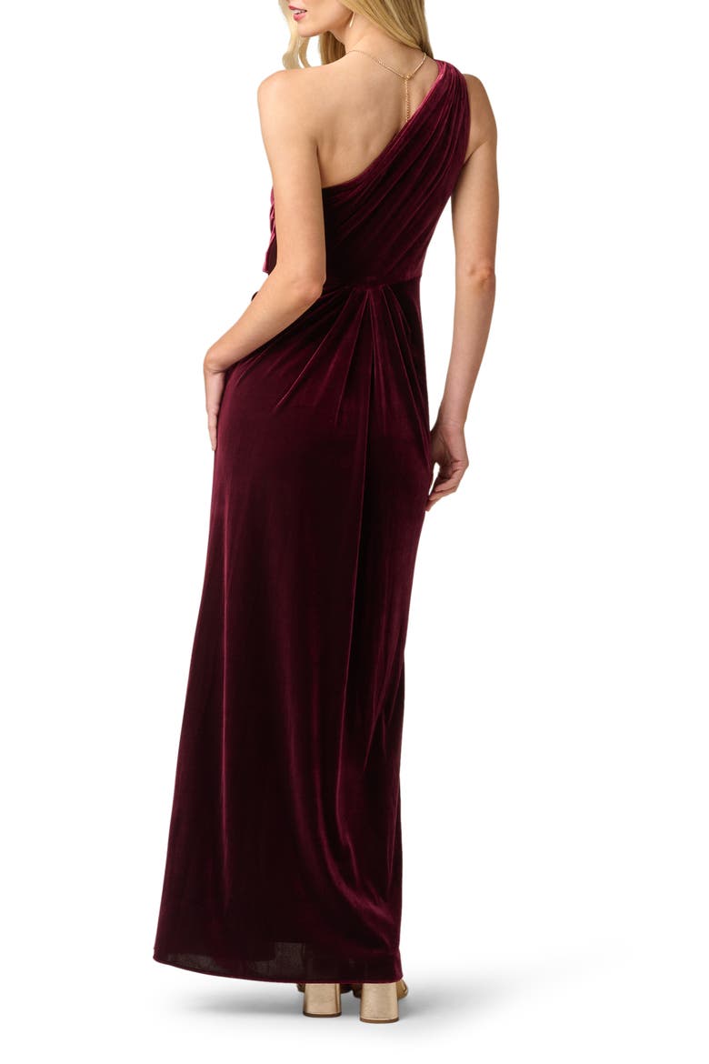 One Shoulder Stretch Velvet Twist Knot Draped Gown, Alternate, color, BORDEAUX