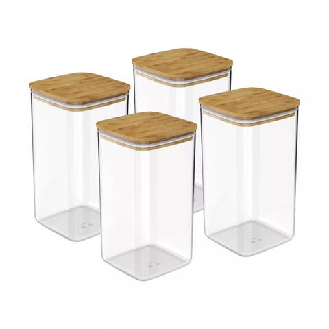 Clear Stackable Airtight Food Storage Container Set with Wood Lid 8 Piece (4 Jars + 4 Lids)