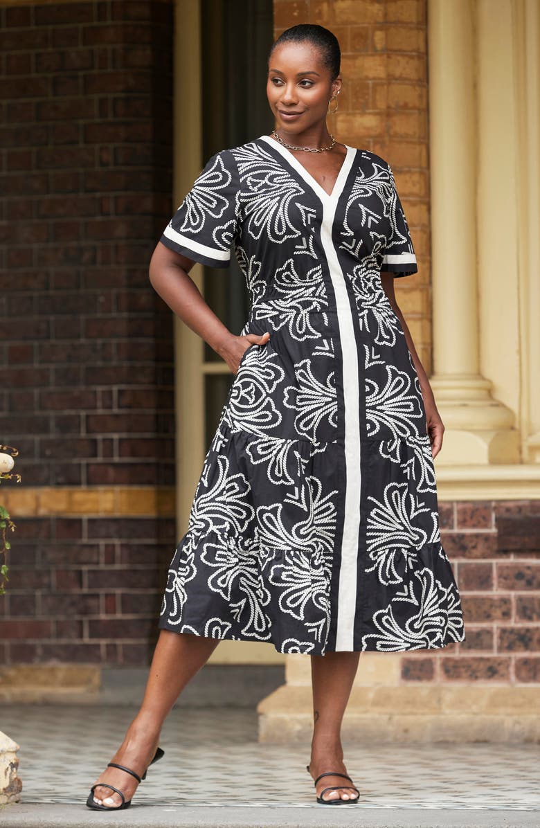 Estelle Lune Print Midi Dress, Alternate, color, Black/ Milk