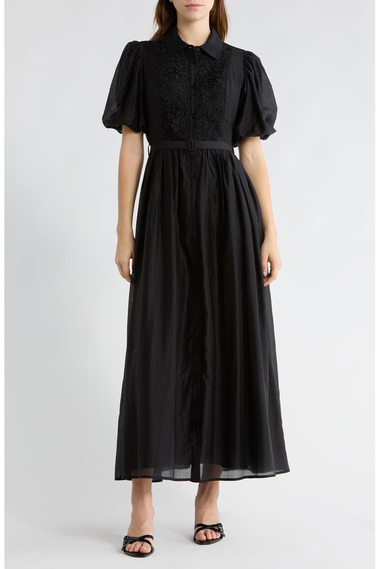Brielle Puff Sleeve Lace Bodice Shirtdress, Main, color, BLACK