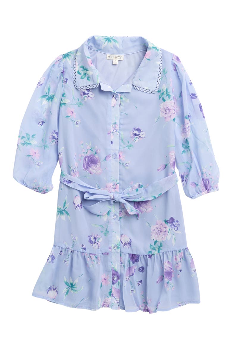 Kids' Floral Print Button Down Trapeze Dress, Main, color, BLUE