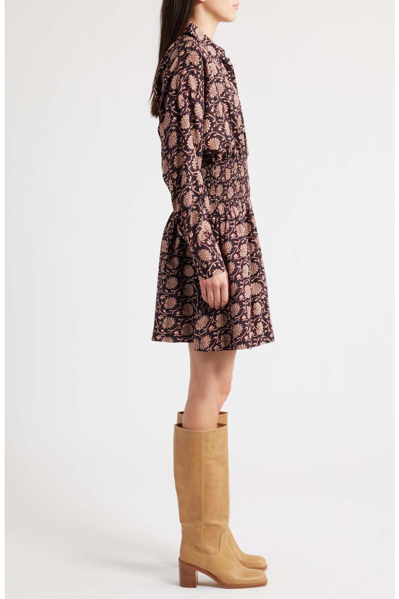 Shirred Floral Mini Shirtdress, Alternate, color, DARK CAROB