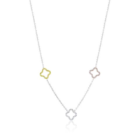 14K Gold Yellow, White & Pink Diamond Clover Station Necklace