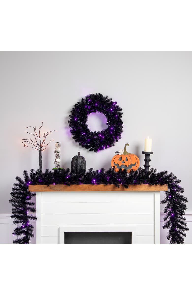 Northlight Pre-Lit Black Crystal Pine Artificial Halloween Garland - 9' x 12" - LED Purple, Alternate, color, Black