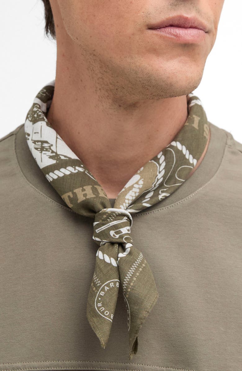 Barbour Heritage Print Cotton Bandana Scarf, Main, color, Mid Olive