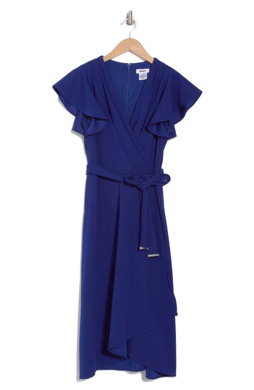 Shop Dkny Flutter Sleeve Faux Wrap Midi Dress In Marine