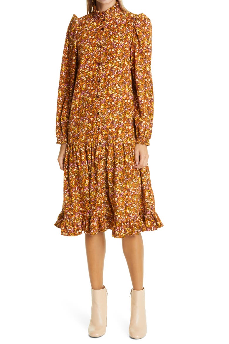 Floral Ditsy Long Sleeve Corduroy Midi Dress, Main, color, 1126 - BLOOM