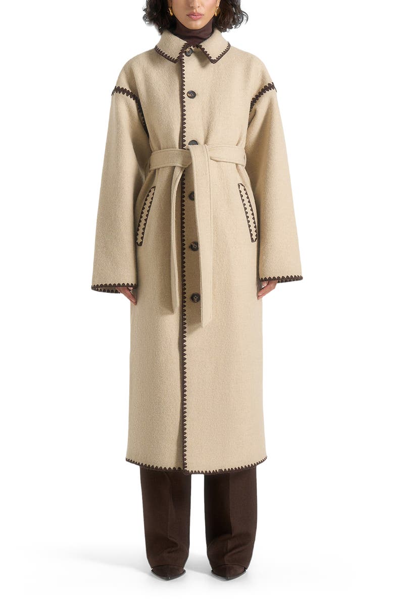 Manière De Voir Elora Wool Blanket Stitch Belted Longline Coat, Alternate, color, Taupe