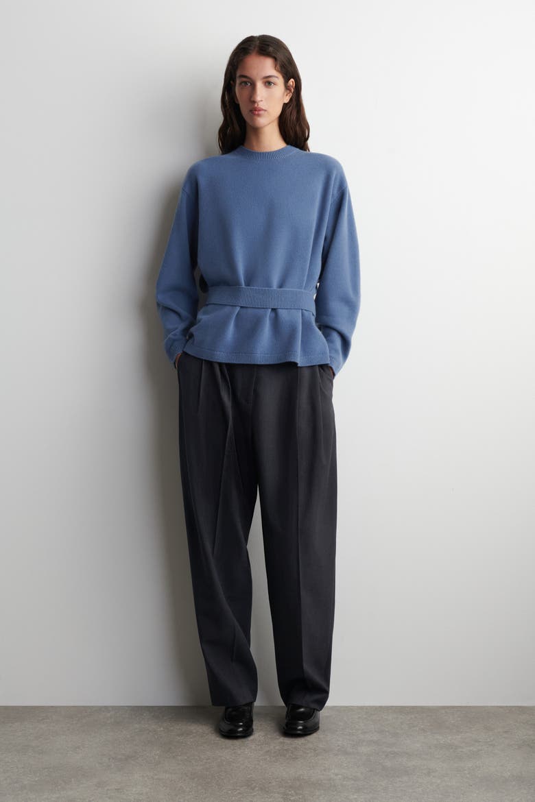 Belt-detail Merino Wool Sweater, Alternate, color, BLUE MEDIUM DUSTY
