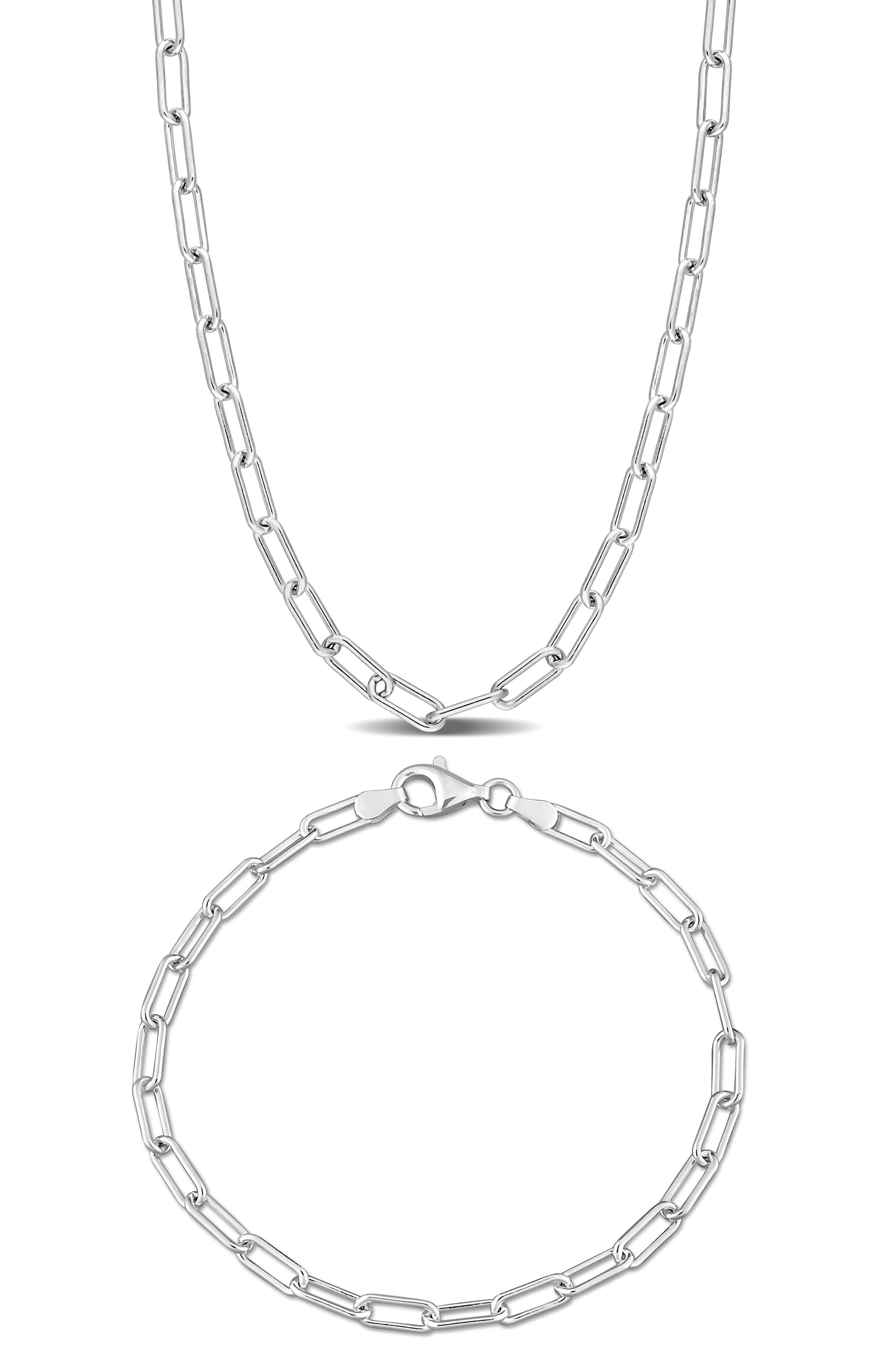 Paper Clip Oval Link Chain Necklace & Bracelet Set, 3.5mm