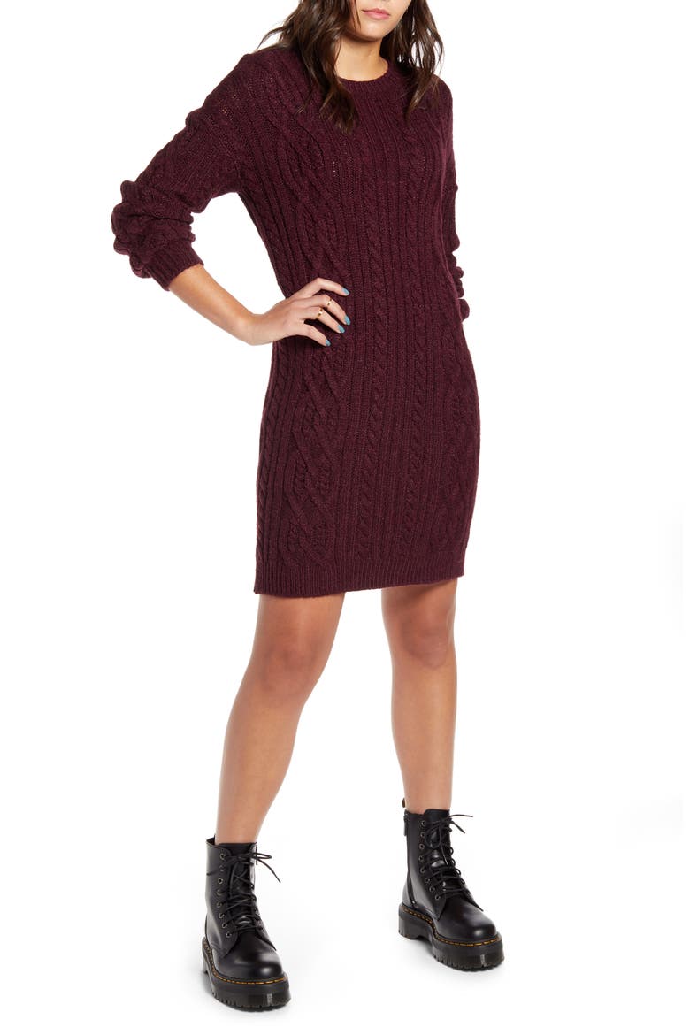 Long Sleeve Cable Knit Sweater Dress, Main, color, BURGUNDY STEM