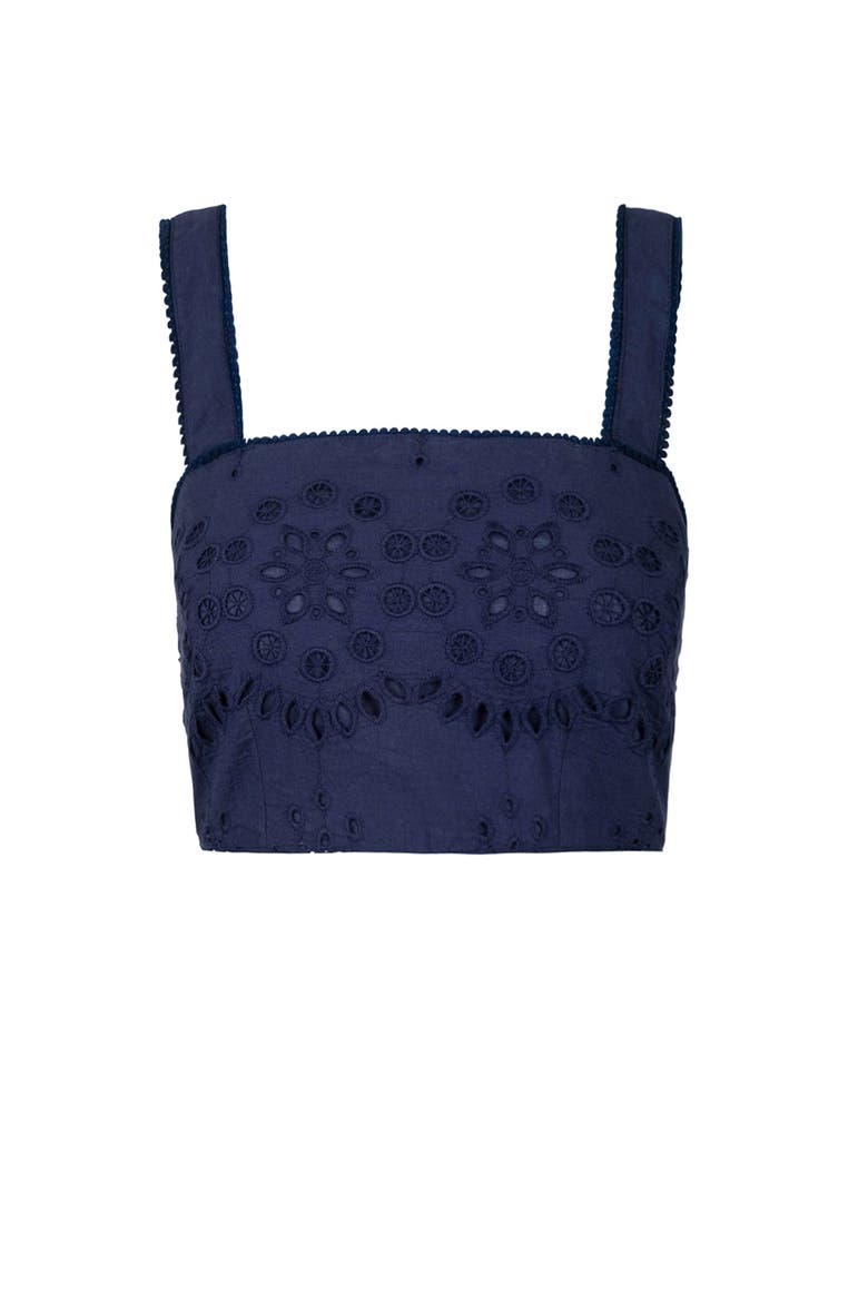 Ilyssa Eyelet Embroidered Square Neck Smocked Crop Top, Alternate, color, Navy Calypso Eyelet