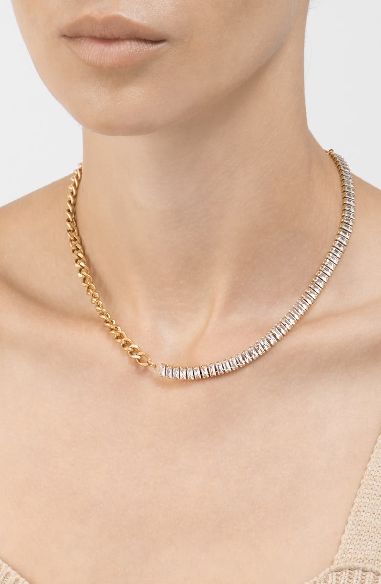 Adornia Mix Curb Chain Baguette Tennis Necklace, Alternate, color, Gold