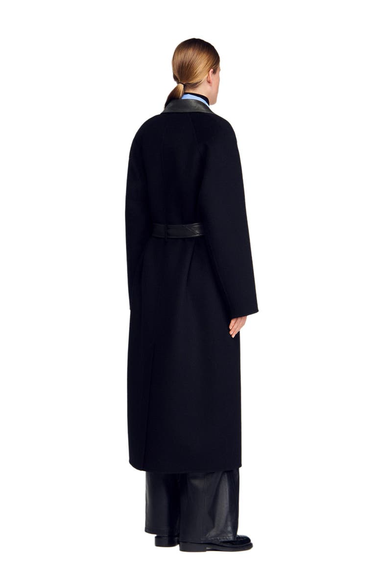 SANDRO Long wool and leather coat, Alternate, color, Black