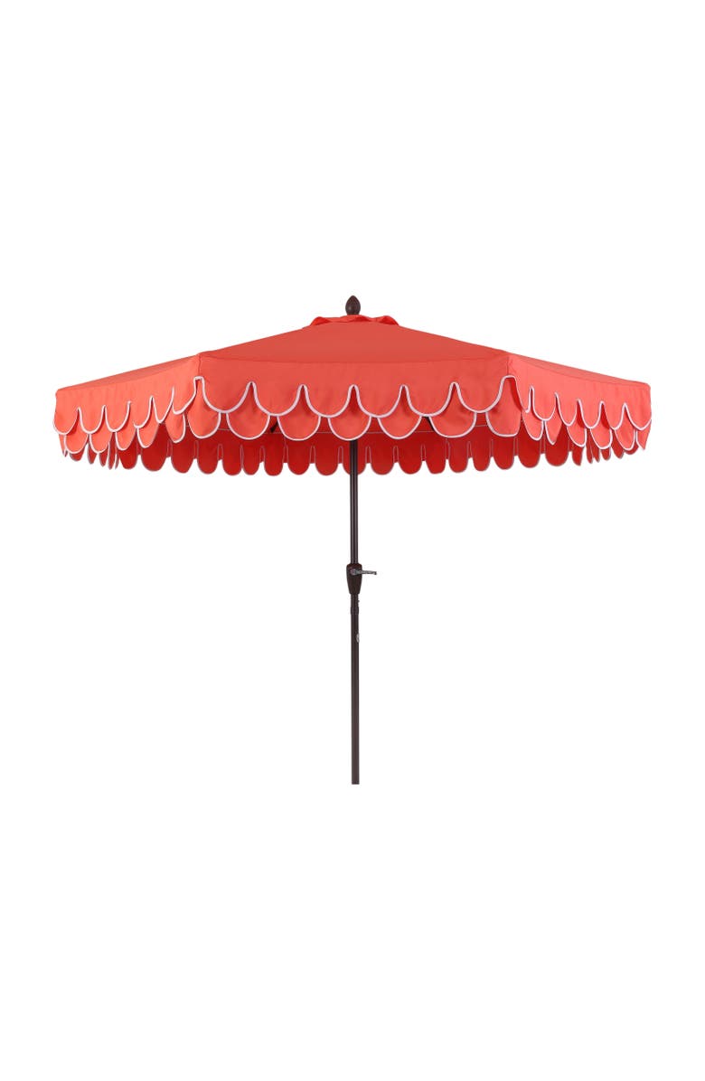 JONATHAN Y Tracy Coastal Octagon Outdoor Market Patio Umbrella with Scalloped Fringe, Crank Lift Tilt, Canopy, Pole, Alternate, color, Coral Red
