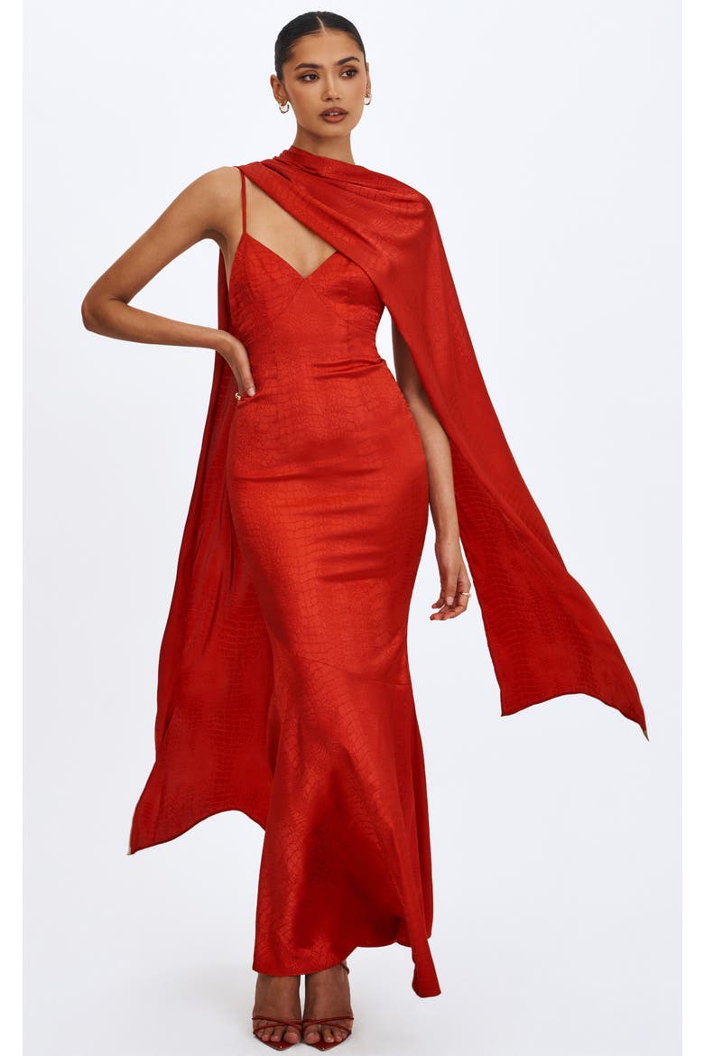 Kelsey Croc-Embossed Flared Hem Maxi Dress with Scarf, Alternate, color, Scarlet