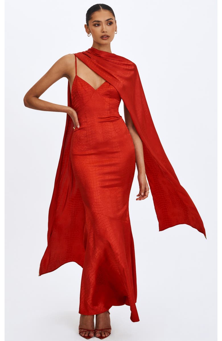 Miss Circle Kelsey Croc-Embossed Flared Hem Maxi Dress with Scarf, Alternate, color, Scarlet