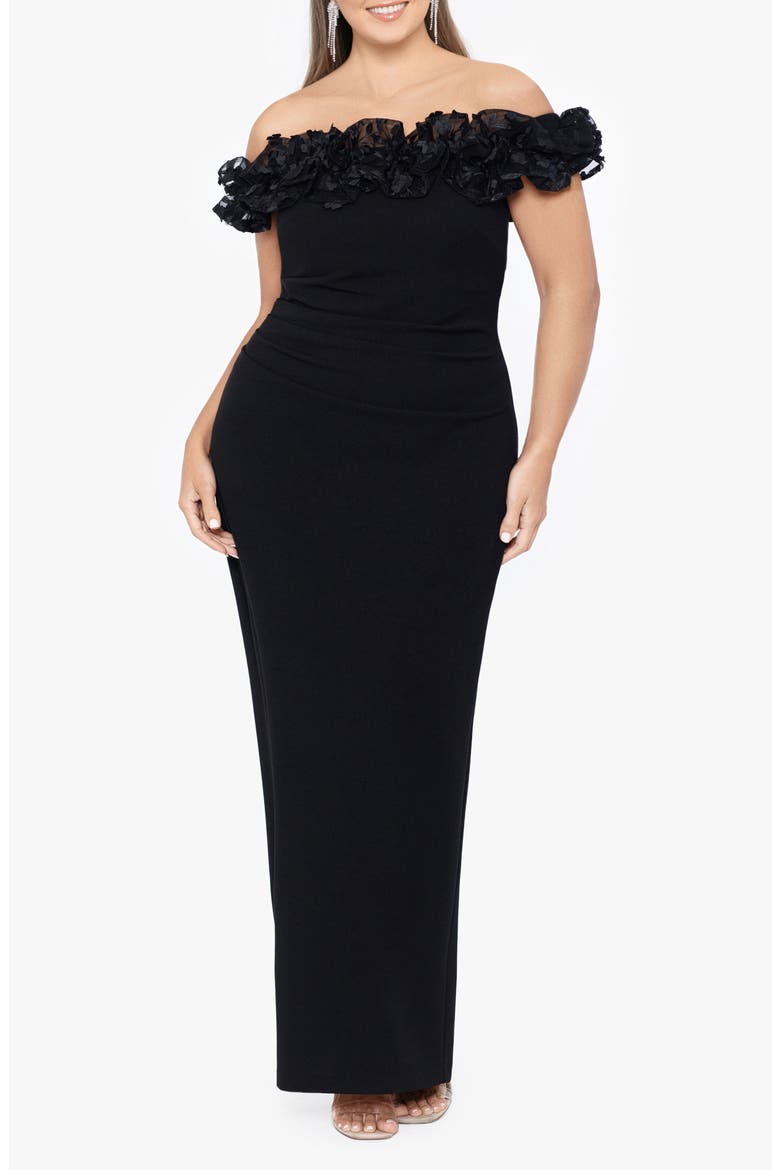 Ruffle Off the Shoulder Crepe Gown, Main, color, BLACK