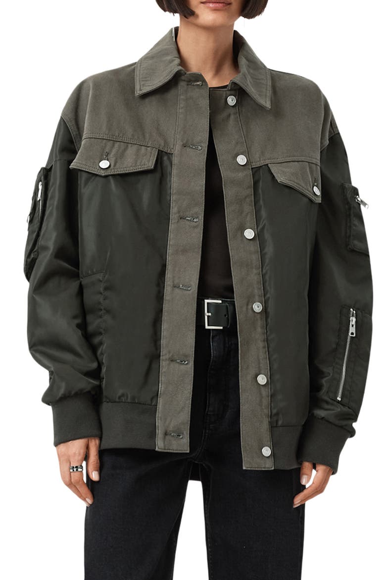 Verity Mixed Media Bomber Jacket, Main, color, KHAKI GREEN