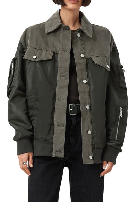 Allsaints Verity Mixed Media Bomber Jacket In Green