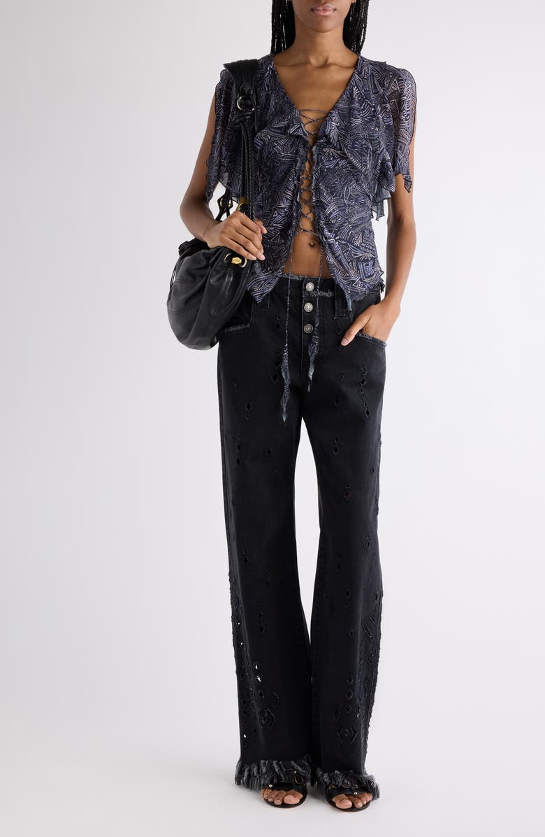 Isabel Marant Thanais Print Silk Lace-Up Top, Alternate, color, Faded Night