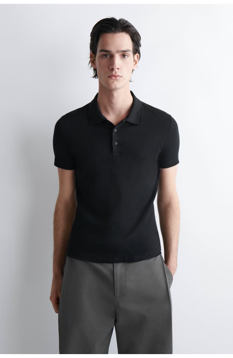 COS Slim Ribbed Cotton Polo Shirt, Main, color, Black