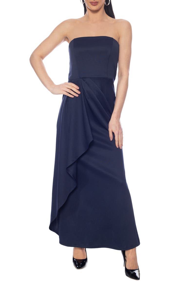 Strapless Draped A-Line Gown, Main, color, NAVY